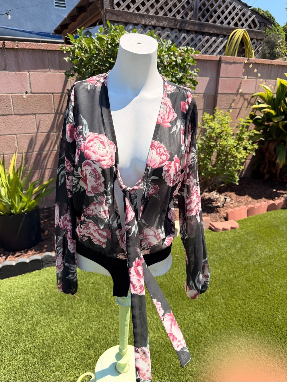 Charlotte Russe Black Sheer Floral Tie-Front Blouse with Pink Roses